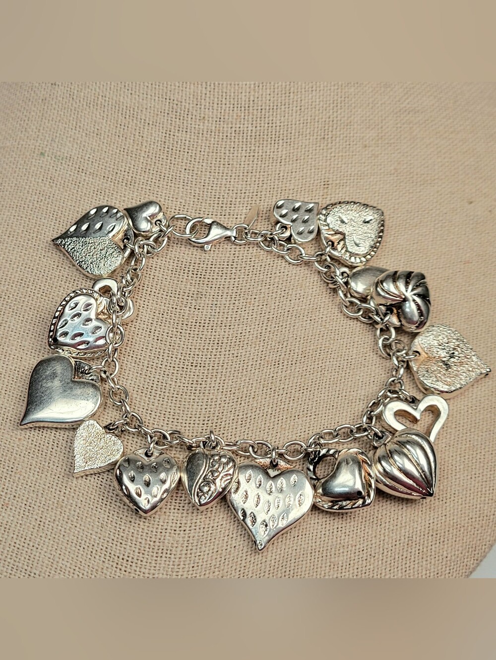 JCM Mauritius 925 Sterling Silver Puffy Hearts Charm Bracelet 7.25 Inch